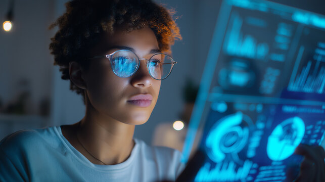 Focused young woman analyzing digital data on a futuristic transparent display in a dark tech environment. 
