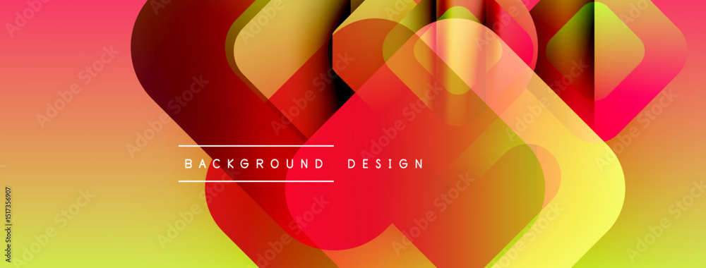 Poster abstract geometric shapes overlap, creating vibrant gradient effect. red, yellow hues dominate desig