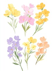 Obraz premium Pastel-colored flower bouquets in a charming arrangement, showcasing delicate blossoms and lush greenery against a white background.