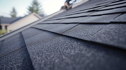 Close-up of Black Asphalt Roof Shingles on a Residential House