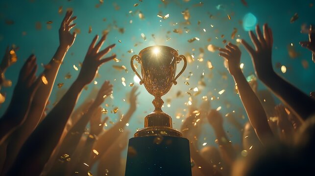 Celebration of victory with a golden trophy.