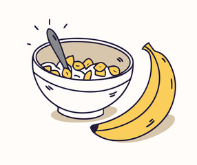 Wholesome breakfast illustration featuring cereal in a bowl with a spoon and a banana
