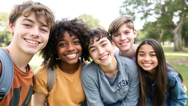 Close-up of Preteen Friends Smiling in a Park A Snapshot of Youthful Joy