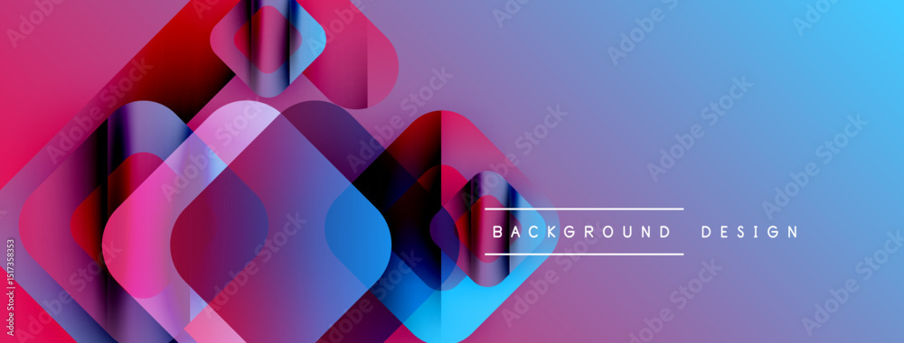 Poster abstract geometric shapes overlap, creating vibrant gradient effect. blue, pink, purple hues dominat