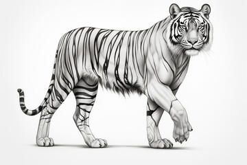 Naklejka premium Beautiful line art illustration of a whole white tiger on a white background in black and white style.