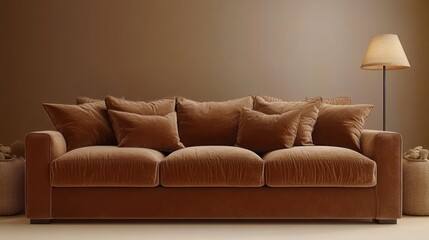 Interior scene featuring a plush brown sofa.