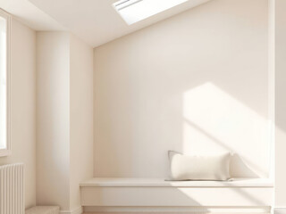 Bright minimalist nook with natural light and cozy cushion in a modern white room