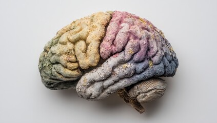 Colored, textured brain,  showing decay
