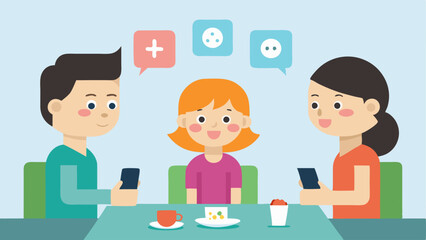 Fototapeta premium Cartoon Family A cartoon family gathered around a dining table with each member holding a smartphone. They are discussing great deals with SALE stickers hovering above their heads.