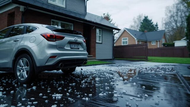 A car is pelted with hail in the driveway of a suburban home as it is parked in the driveway. A hailstorm, low angle, hail stones on the ground, hail damaged house and car, weather