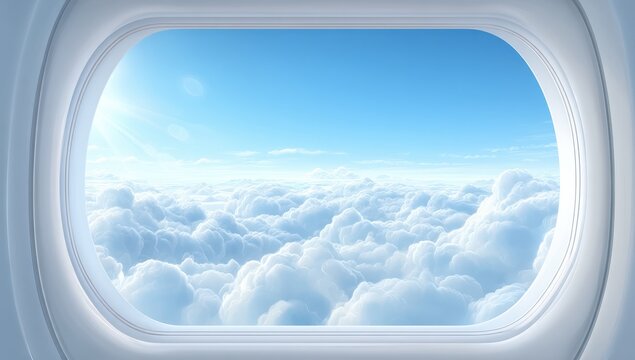 Airplane window view of fluffy clouds and a bright sky - Powered by Adobe