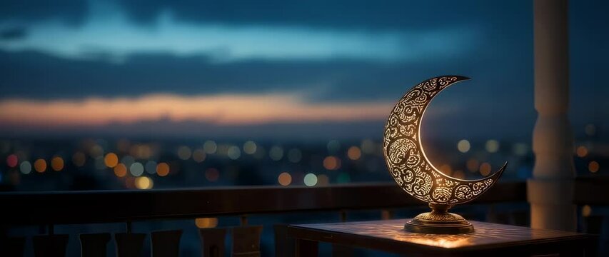 Ramadan Kareem background with crescent moon and city lights at sunset