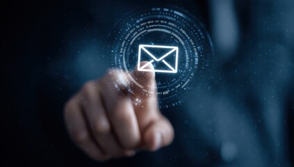 Hand touching email icon, futuristic interface