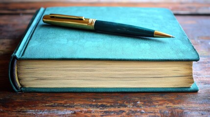 Classic hardcover book with turquoise cover and gold pen resting on top, vintage wooden surface background, inspi reading and writing activity scene