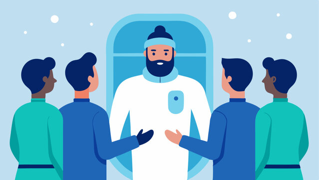 Guided Session A staff member explaining the cryotherapy process to a small group of interested clients depicted in a friendly informative manner.