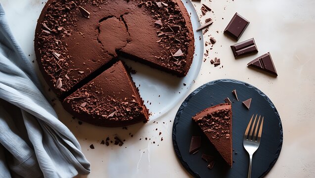 Delicious chocolate cake sliced on a plate with chocolate shavings