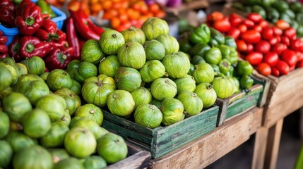 Vibrant Market Stall Displaying Fresh Tomatillos, Peppers, and Tomatoes