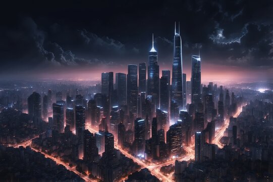 Fototapeta A sprawling futuristic cityscape at night, illuminated by glowing buildings and streets
