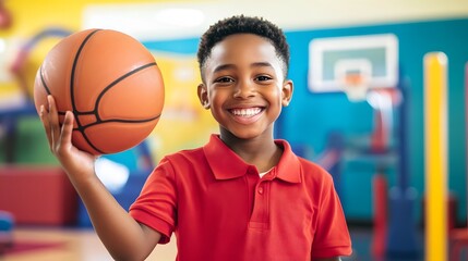 Young boy holding a basketball smiles.