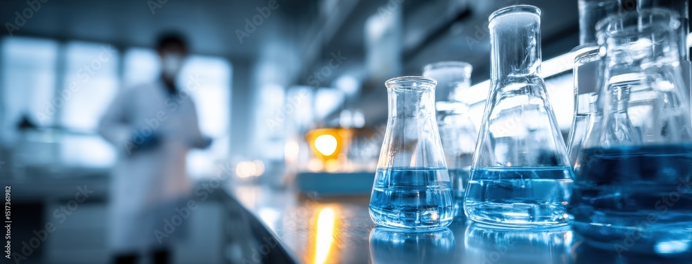 Poster erlenmeyer flasks containing blue chemical liquid are in the foreground, while a scientist conducts 