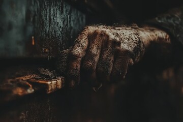Weathered hands gripping a wooden surface during a muddy outdoor task in the late afternoon light
