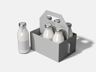 Milk Packaging with Drink Holder Mockup 3D Rendering Glass Bottle