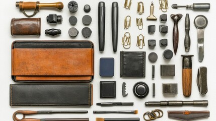 Assorted vintage stationery and writing tools including ink bottles pens pencils paper clips and wooden handles arranged flat on a surface for creative or office use