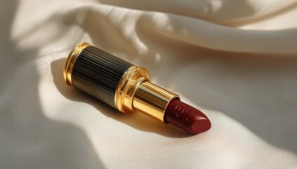 Luxurious maroon lipstick on cream fabric