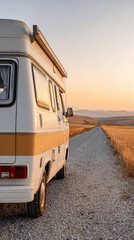 Obraz premium Vintage camper van parked gravel road sunset with peaceful mood
