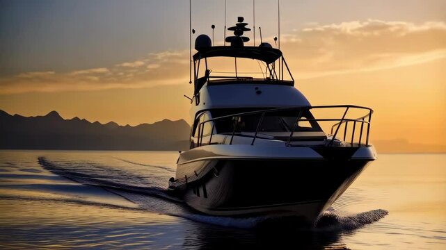 Luxury cabin cruiser glides smoothly across calm ocean water at sunset, silhouetted mountains in background reflecting golden light on surface.