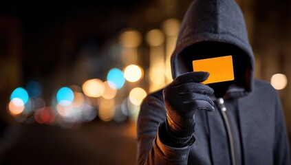 Masked figure holding a credit card at night