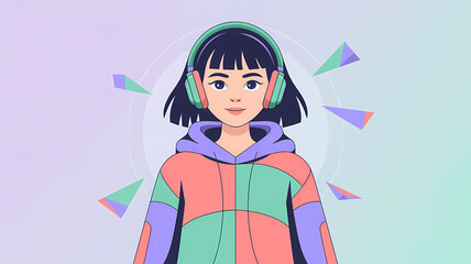 Flat Design Portrait of Gen Beta Girl Wearing Oversized Geometric Hoodie with Headphones on Pastel Pink and Blue Gradient Background with Floating Polygonal Shapes