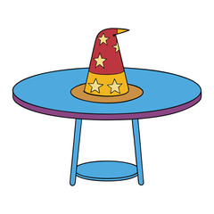 A classic magician’s top hat sits mysteriously on a round table, hinting at secrets within—ready to reveal a rabbit, dove, or spellbinding surprise.
