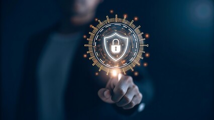 Person pointing to a digital shield with a padlock representing data protection