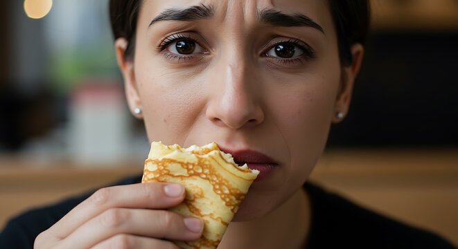 Disappointed Woman Tasting Bland Pancake A Culinary Disappointment