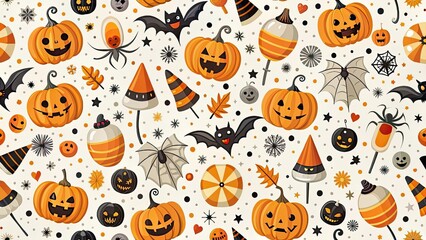 Fototapeta premium Halloween seamless pattern, spooky pumpkin and bat background, autumn texture