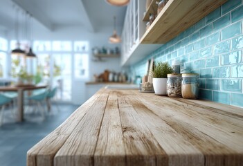 Empty wooden kitchen countertop with blurred background, perfect for displaying products in a realistic and stylish setting