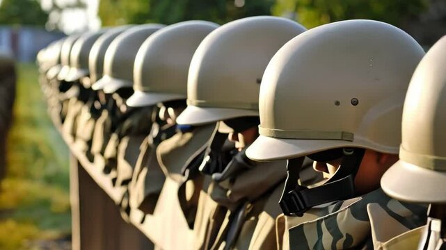 A long row of soldiers in camouflage uniforms and helmets stand at attention outdoors in sunlight