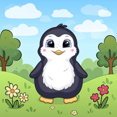Cute Cartoon Penguin in Nature. Vector illustration of an animal with red and white flowers, grass and trees.