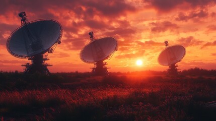 A fiery sunset bathes three large satellite dishes in an optimistic glow searching for answers with