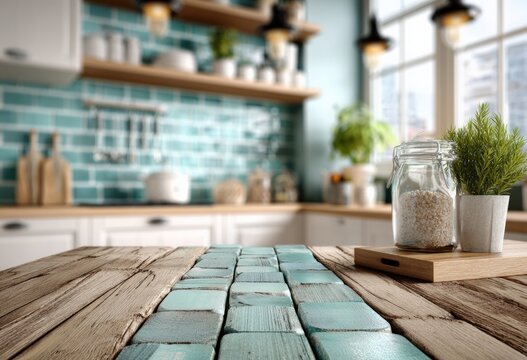 Empty wooden kitchen table with blurred background featuring white cabinets and blue tiles, ideal for product placement and showcasing culinary creations