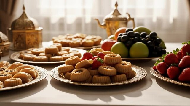 Traditional Arabic desserts and fresh fruit on a table