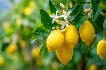 Close up of ripe lemons growing on a tree branch with white flowers and green leaves, blurred background of a sunny orchard