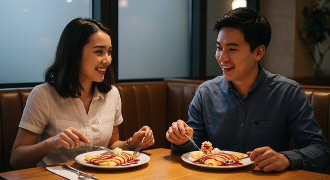 Happy Couple Enjoying Delicious Crepes and Drinks at a Bistro