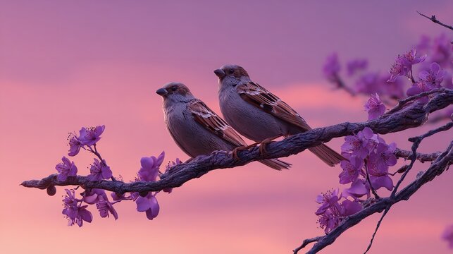 Two sparrows perched on cherry blossoms sharing secrets under a pastel sunset dreamy and serene HD