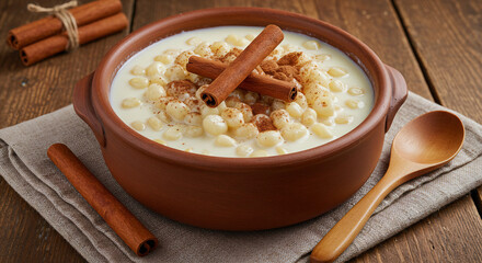 Classic Brazilian Canjica Dessert with Cinnamon in Rustic Ceramic Bowl
