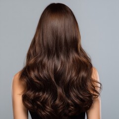 Fototapeta premium Back view photo of a woman with long, shiny, wavy hair in a dark brown color on a gray background