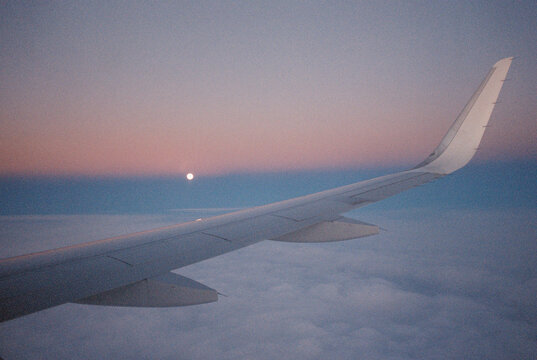 Twilight sky from airplane window