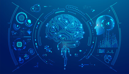 concept of robotics in neurosurgery or machine learning, graphic of AI brain with medical technology interface and artificial intelligence assistance