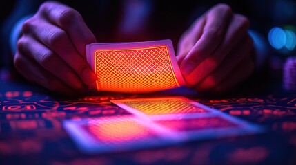A close-up of hands shuffling glowing playing cards under a moody red casino light 